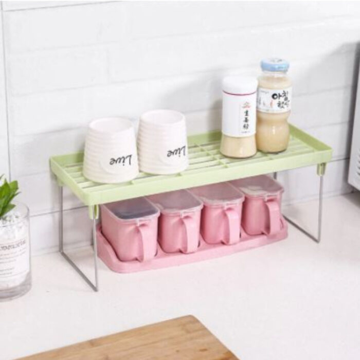 Set Of 3 Stack Up Shelf Space Saver Plastic Racks With Foldable Legs For Kitchen - Image 4