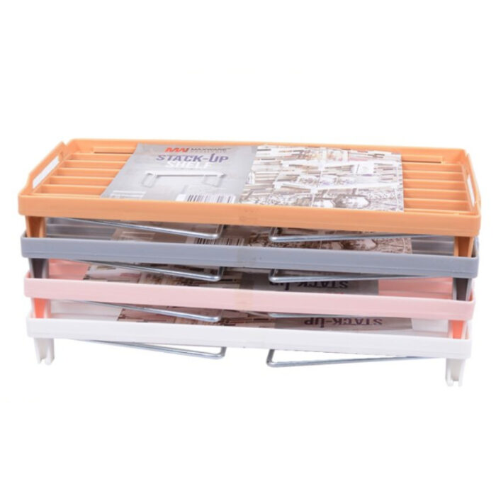 Set Of 3 Stack Up Shelf Space Saver Plastic Racks With Foldable Legs For Kitchen - Image 5
