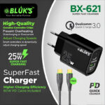 BLUKS BX-621 25W Super Fast Charger with 60W PD Cable Type C and Qualcomm Quick Charge 3.0