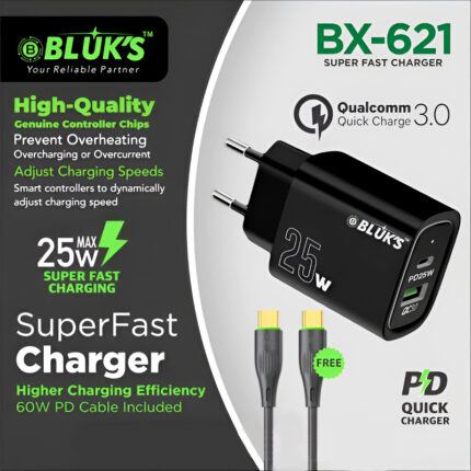 BLUKS BX-621 25W Super Fast Charger with 60W PD Cable Type C and Qualcomm Quick Charge 3.0