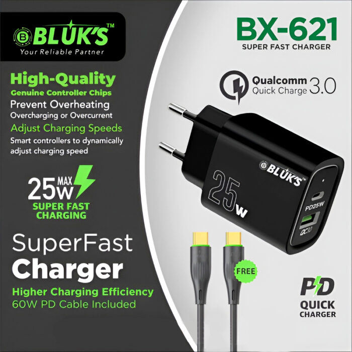 BLUKS BX-621 25W Super Fast Charger with 60W PD Cable Type C and Qualcomm Quick Charge 3.0 - Image 1