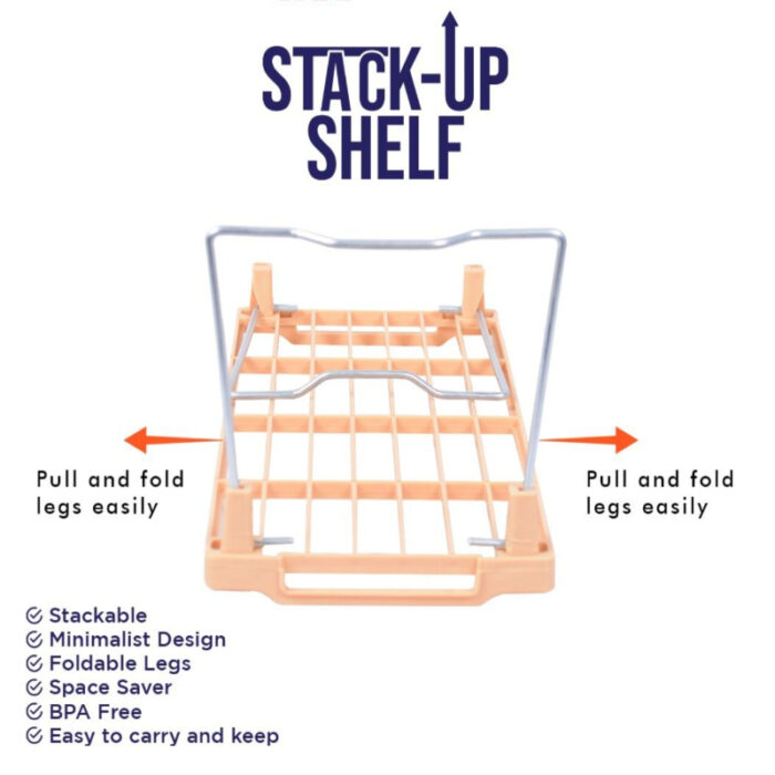 Set Of 3 Stack Up Shelf Space Saver Plastic Racks With Foldable Legs For Kitchen - Image 6