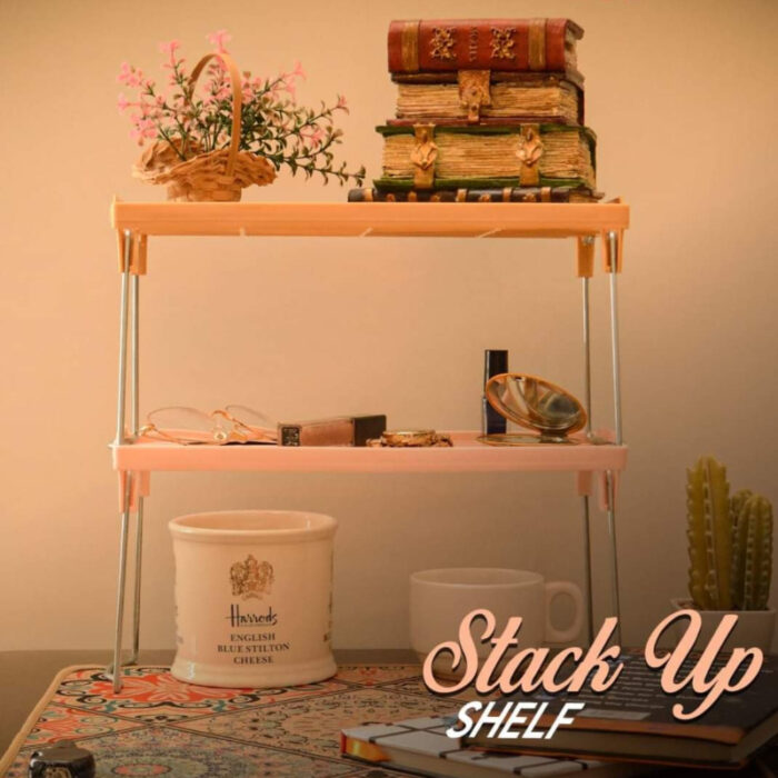 Set Of 3 Stack Up Shelf Space Saver Plastic Racks With Foldable Legs For Kitchen - Image 2