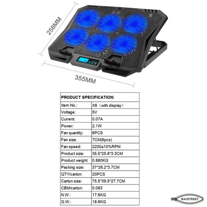 X6A Cooling Pad For 14-17 Inch Laptops 6 Fans Adjustable Stand LED Lights - Image 4