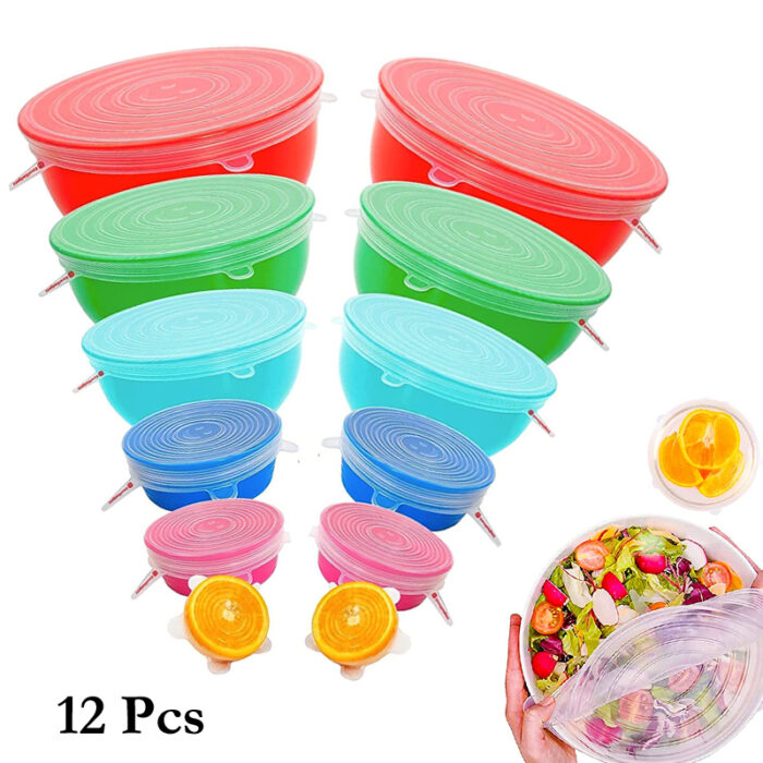 2 Sets Of 6 Pcs Silicone Food Wrap Caps Cookware Lids Stretchable Fresh Covers - Image 6