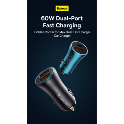 Baseus Golden Contactor Max Dual-Port High-Speed Fast Charger for Cars 60W USB + Type-C Charging Power