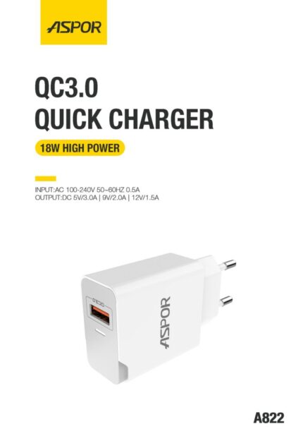 Aspor PD+QC3 0 Charger A822 18W Fast Charger With Micro Cable