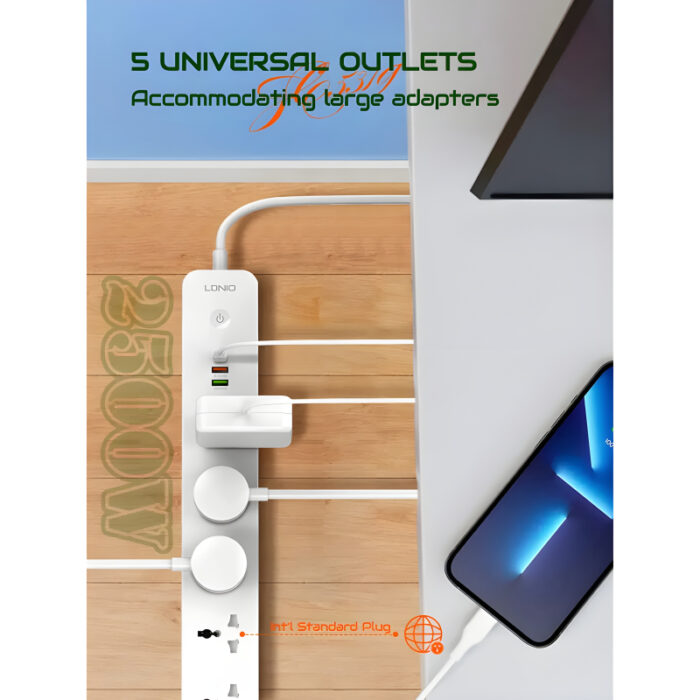 LDNIO SC5319 Power Strip 2500W Multi-Socket Extension With 5 AC Outlets And 3 USB Ports - Image 14