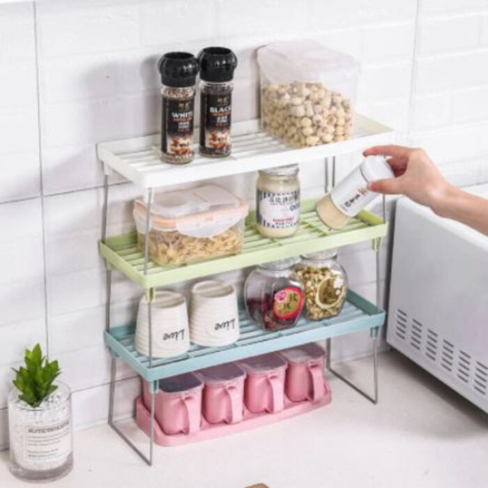 Set Of 3 Stack Up Shelf Space Saver Plastic Racks With Foldable Legs For Kitchen - Image 1