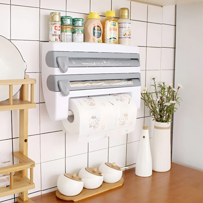 4-in-1 Multi-Purpose Wall-Mounted Kitchen Organizer Shelf with Foil Dispenser - Image 4
