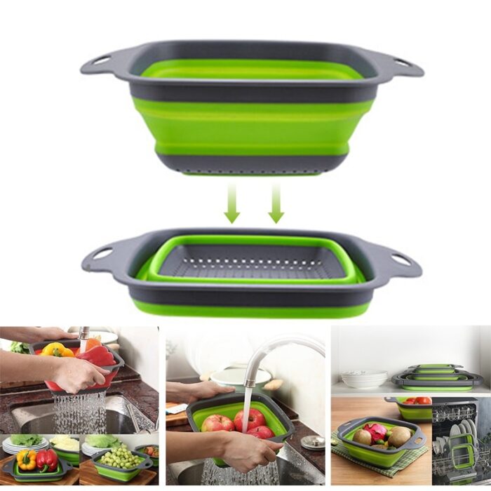 Foldable Silicone Square Drain Basket Collapsible Kitchen Organizer Fruit Vegetable Strainers - Image 1