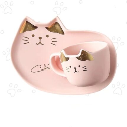 Ceramic Coffee Cup Sets Cartoon Cat Pattern Tea Cup Dessert Plate And Saucer Set
