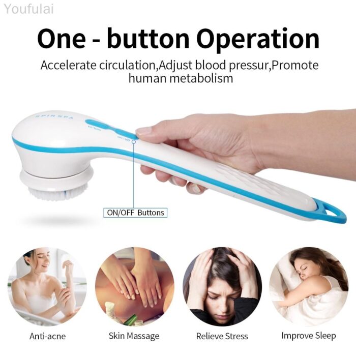 Electric Shower Brush 5 In 1 Spin Spa Multi-Functional Long Handle Bath Scrubber Waterproof Massager Health Care Tool - Image 6
