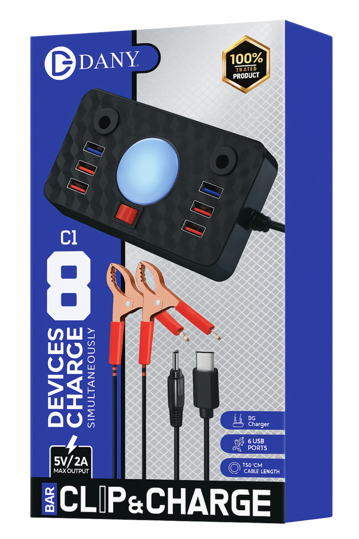 Dany C-1 Clipper Charger | 6 Usb Ports | Led Light | Dc Solar Mobile Charger | Usb Battery Clamp | Power Cable | Short Circuit & Overload Protection – Dc Mobile Charger – Original - Image 1