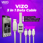 Vizo 5-in-1 Fast Data Cable This 5-in-1 USB cable is designed to provide efficient charging and fast data transfer for multiple devices using a single cable. It comes with a combination of 3 plugs and 2 USB ports, making it compatible with a wide range of devices. Its fast charging capability ensures that your devices are powered up quickly and efficiently. Key Features: Multiple Connectors (3 Plugs): The cable includes 3 different plugs, typically catering to various device types such as: Micro USB USB-C Lightning (for Apple devices) This ensures compatibility with a wide array of smartphones, tablets, and other devices, allowing you to charge different devices without the need for multiple cables. Dual USB Ports (2 USB Ports): The cable features two USB-A ports, allowing you to charge multiple devices simultaneously, without needing additional charging adapters or cables. Fast Charging Technology: The cable supports fast charging, enabling quicker power delivery to compatible devices. This is ideal for users who need to charge their phones, tablets, or other gadgets in a short period. Data Transfer Capability: In addition to charging, the cable supports fast data transfer, which means you can also sync or transfer files between devices, such as smartphones and computers, through the same cable. Universal Compatibility: The Vizo 5-in-1 cable is compatible with a variety of devices, including Android smartphones, Apple devices (iPhone/iPad), and other gadgets that use USB connections. This makes it a one-stop solution for managing the charging needs of different devices. Durability and Safety: The cable is designed with safety features to prevent overcharging or overheating, protecting both your devices and the cable itself. The materials used in construction are often built to last, ensuring longevity even with frequent use. Compact and Convenient Design: The 5-in-1 design helps to reduce cable clutter, making it an excellent choice for those who need a compact, all-in-one solution for charging and data transfer while on the go. Ideal Use Cases: Charging multiple devices simultaneously with a single cable. Transferring data between various devices without the need for multiple cables. Ideal for use at home, in the car, or while traveling. A perfect accessory for users who have devices with different types of charging ports (Micro USB, USB-C, and Lightning). This Vizo 5-in-1 Fast Data Cable offers convenience, speed, and reliability, making it a great accessory for modern tech users who need efficient and versatile charging and data transfer solutions.
