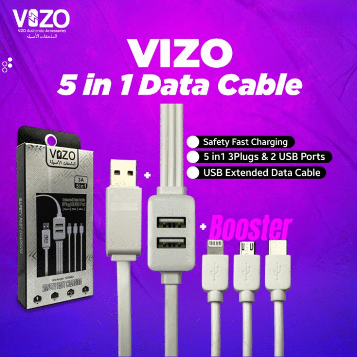 Vizo 5-in-1 Fast Data Cable This 5-in-1 USB cable is designed to provide efficient charging and fast data transfer for multiple devices using a single cable. It comes with a combination of 3 plugs and 2 USB ports, making it compatible with a wide range of devices. Its fast charging capability ensures that your devices are powered up quickly and efficiently.  Key Features: Multiple Connectors (3 Plugs): The cable includes 3 different plugs, typically catering to various device types such as:  Micro USB  USB-C  Lightning (for Apple devices) This ensures compatibility with a wide array of smartphones, tablets, and other devices, allowing you to charge different devices without the need for multiple cables.  Dual USB Ports (2 USB Ports): The cable features two USB-A ports, allowing you to charge multiple devices simultaneously, without needing additional charging adapters or cables.  Fast Charging Technology: The cable supports fast charging, enabling quicker power delivery to compatible devices. This is ideal for users who need to charge their phones, tablets, or other gadgets in a short period.  Data Transfer Capability: In addition to charging, the cable supports fast data transfer, which means you can also sync or transfer files between devices, such as smartphones and computers, through the same cable.  Universal Compatibility: The Vizo 5-in-1 cable is compatible with a variety of devices, including Android smartphones, Apple devices (iPhone/iPad), and other gadgets that use USB connections. This makes it a one-stop solution for managing the charging needs of different devices.  Durability and Safety: The cable is designed with safety features to prevent overcharging or overheating, protecting both your devices and the cable itself. The materials used in construction are often built to last, ensuring longevity even with frequent use.  Compact and Convenient Design: The 5-in-1 design helps to reduce cable clutter, making it an excellent choice for those who need a compact, all-in-one solution for charging and data transfer while on the go.  Ideal Use Cases: Charging multiple devices simultaneously with a single cable.  Transferring data between various devices without the need for multiple cables.  Ideal for use at home, in the car, or while traveling.  A perfect accessory for users who have devices with different types of charging ports (Micro USB, USB-C, and Lightning).  This Vizo 5-in-1 Fast Data Cable offers convenience, speed, and reliability, making it a great accessory for modern tech users who need efficient and versatile charging and data transfer solutions. - Image 1