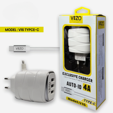 Vizo V16-type-c – 4a Smart Fast Charger (3 Usb Ports + Built-in Type-c Cable) | Best Quality Type-c Charger For Android – Mobile Phone Charger – Android Charger