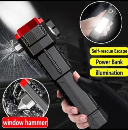 High-power Led Torch Light Rechargeable Flashlight And Multi Functional Tactical Hammer & Power Bank To Charge The Phone With Box ( Random Color )