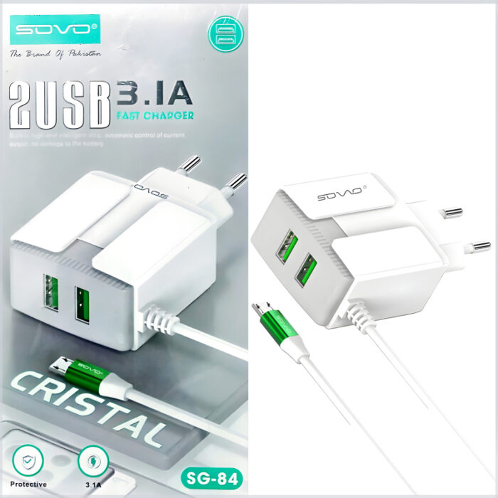 Sovo Sg-84 Crystal 3.1-amp 2usb High Quallity Micro Cable Fast Charger - Image 1