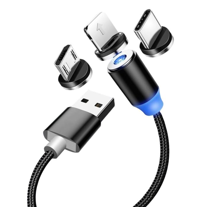 3-in-1 Magnetic Fast Charging Cable | Micro Usb, Type-c & Iphone | 360° Rotation | Led | 3a | Nylon Braided | Magnetic Charging Cables For Android & Ios | Charging Cable For Mobile Phone ( Random Color ) - Image 1